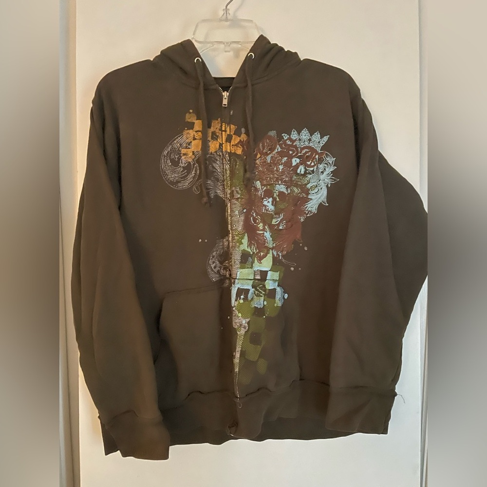 Lost Surf Skater Cotton Zip Up Sweatshirt Hoodie Full Zip Brown/Blue